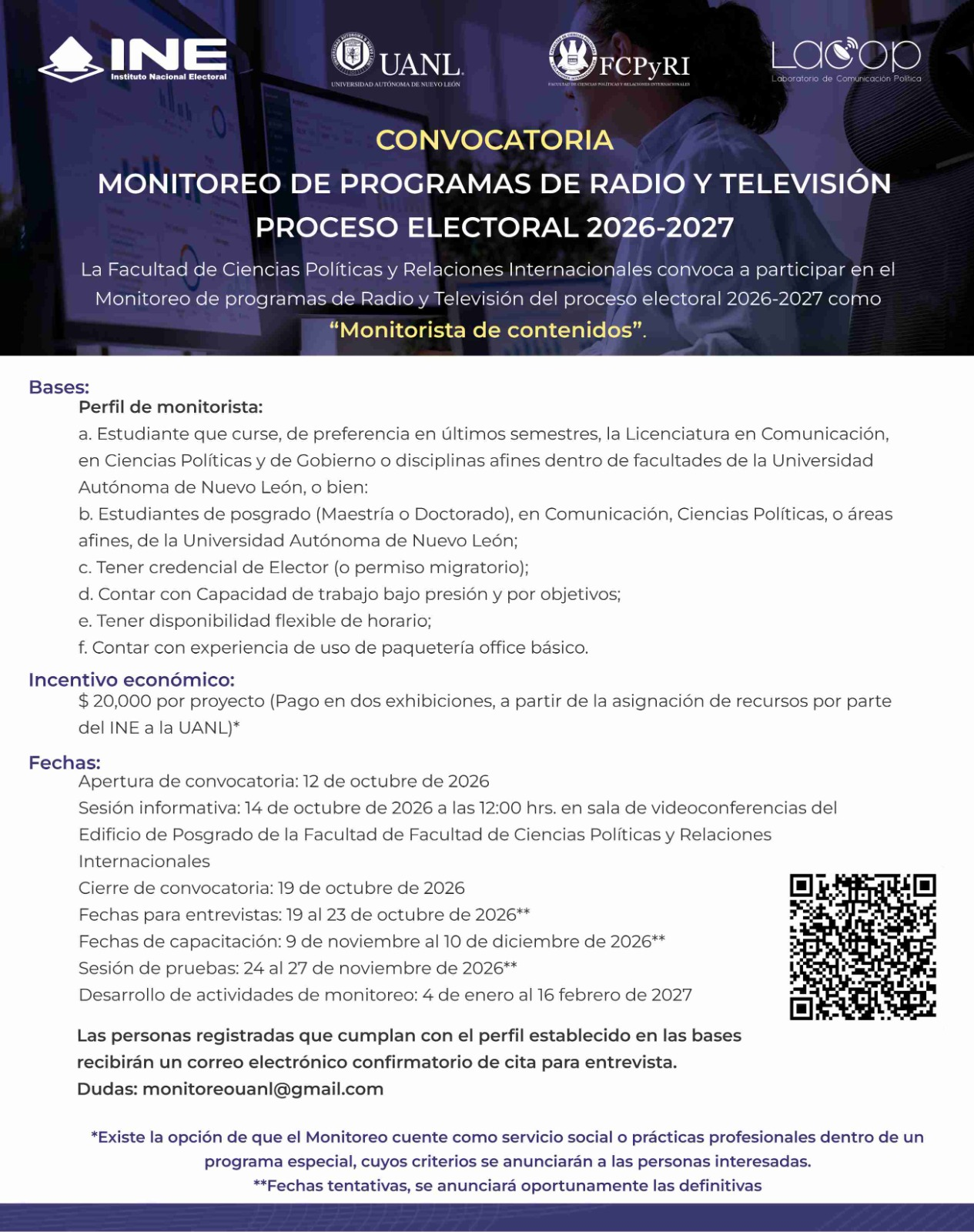 Convocatoria – Monitorista de contenidos de Programas de Radio y Televisión del Proceso Electoral 2026-2027